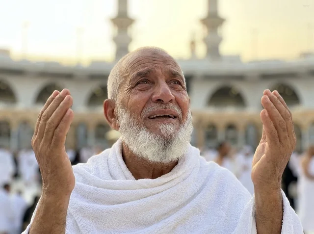 Elderly Muslim Man Praying at Makkah Grand Mosque