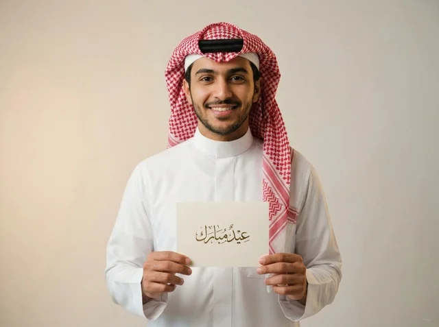 شاب سعودي يحمل بطاقة تهنئة عيد مبارك