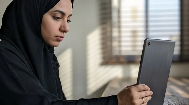 مديرة إماراتية تستخدم جهاز لوحي في مكتب عمل