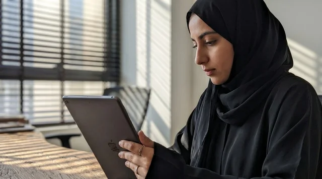 مديرة إماراتية في المكتب تستخدم جهاز لوحي رقمي