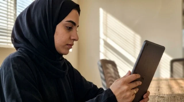 مديرة إماراتية تستخدم جهاز لوحي في المكتب