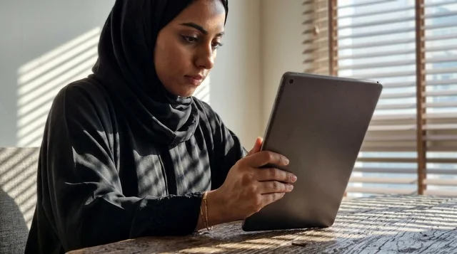 مديرة إماراتية تستخدم جهازاً لوحياً في مكتب مشمس