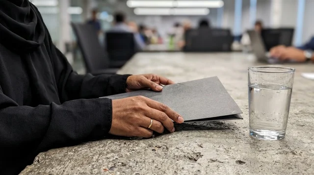 سيدة أعمال إماراتية بالعباءة تمسك مجلد ملفات
