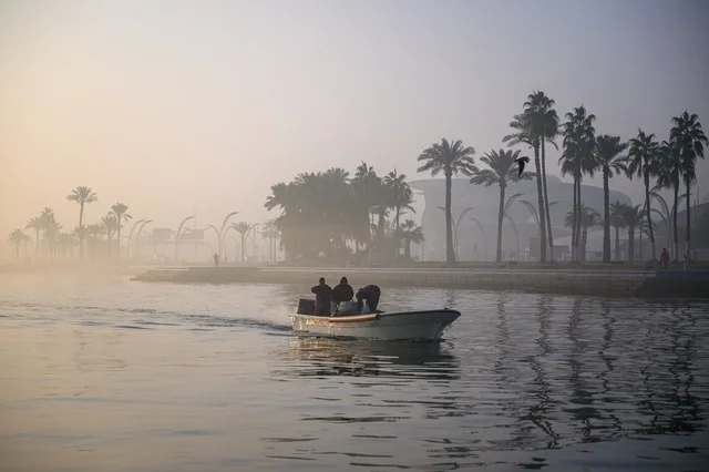 Motorboat in Doha Qatar Foggy Morning Mist