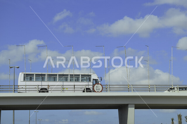 Close-up of a bus over the bridge in Dubai, United Arab Emirates, transportation, bus, bridges and bridges in the Emirates
