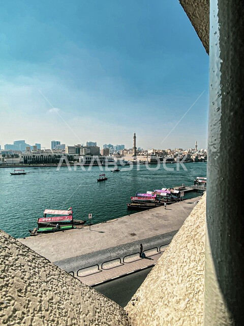 Creative image of boats and ships in one of the ports of the United Arab Emirates, wooden boats, tours and cruises, tourism in the Emirates