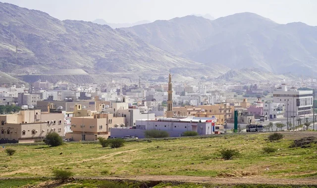 Saudi Arabia Mountain Town with Mosque Minaret