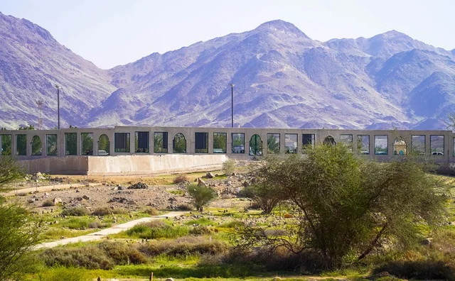 Arched Wall and Desert Mountains in Saudi Arabia Valley