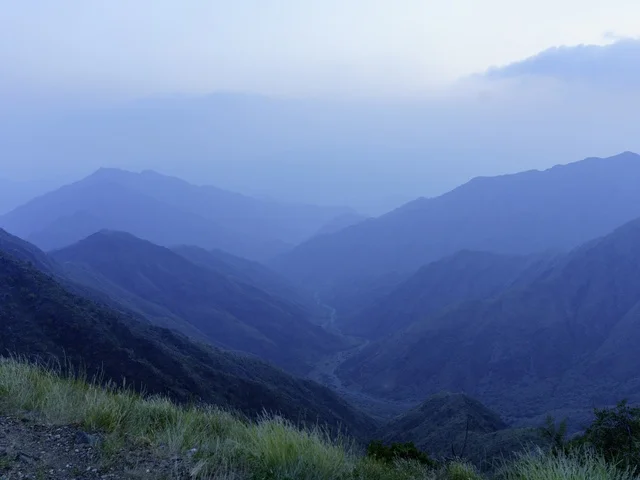 Misty Blue Mountain Valley Landscape at Twilight Dawn