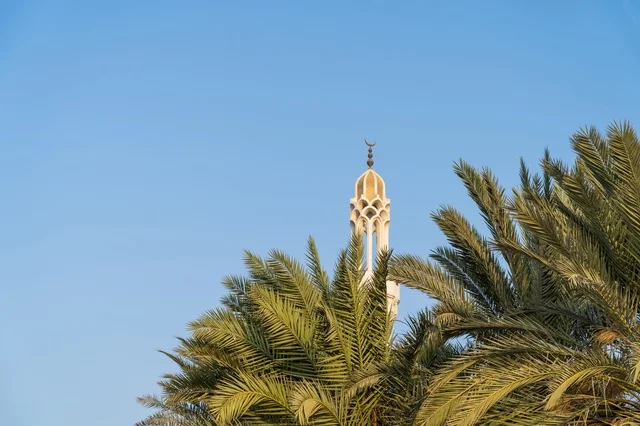Mosque Minaret Behind Palm Trees Under Clear Blue Sky