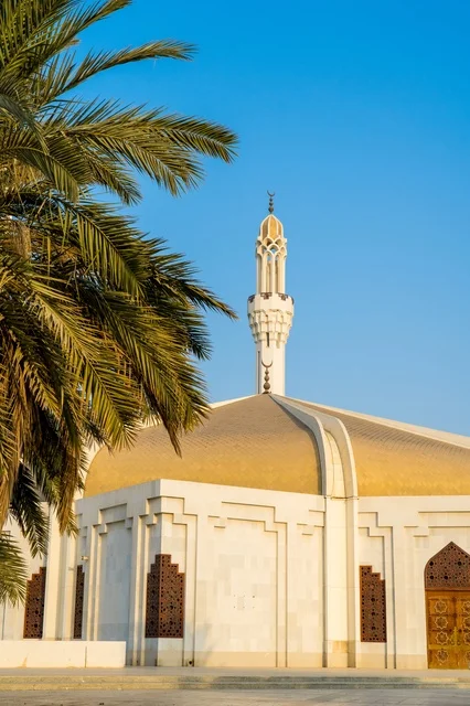 مسجد أبيض ذو قبة ذهبية ونخلة تحت سماء زرقاء صافية