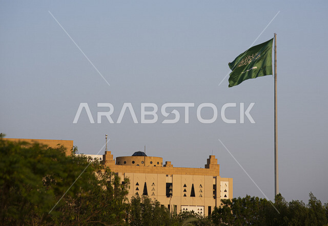 سارية علم المملكة العربية السعودية، علم السعودية يرفرف عاليا في وضح النهار، سارية علم، الاشجار والنباتات، علم السعودية
