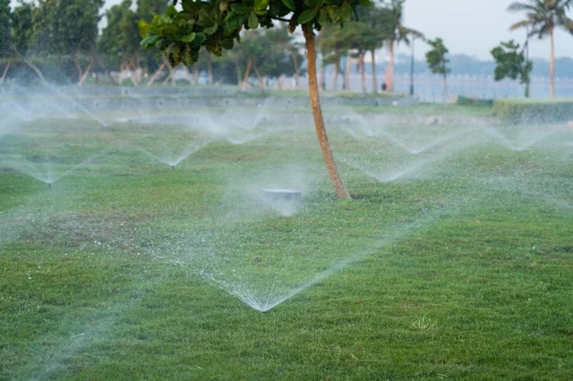 Automatic Lawn Sprinklers Watering Green Grass in Park
