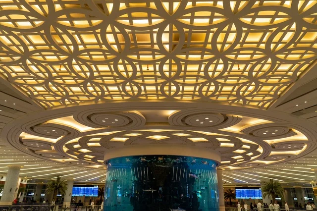 Modern Airport Terminal Lobby with Ceiling and Aquarium