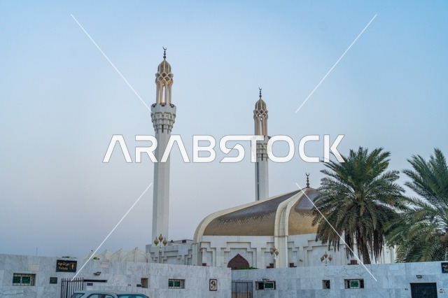 مسجد حديث بقبة ذهبية ومآذن بيضاء تحت السماء الزرقاء