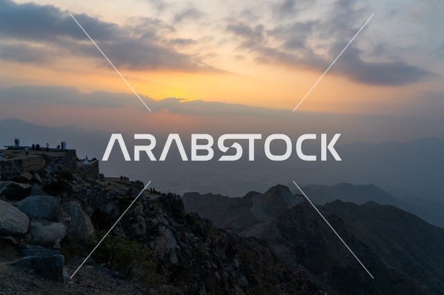 Mountain Peak Sunset Viewing Platform with Tourists