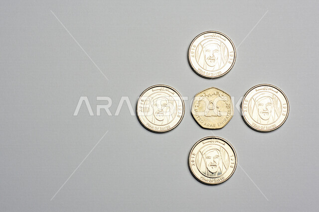 Picture of UAE dirham coin, UAE dirham denomination of 1 dirham, image of Sheikh Zayed printed on dirham currency, coins, economic growth, financial sustainability, finance and economy, white background