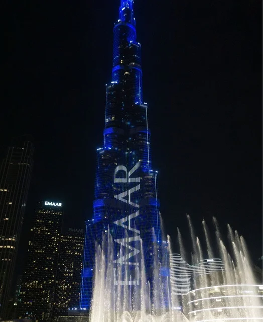 Burj Khalifa Dubai Fountain Night Show Blue Lights