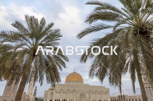 جامع السلطان قابوس الأكبر مع أشجار النخيل في مسقط