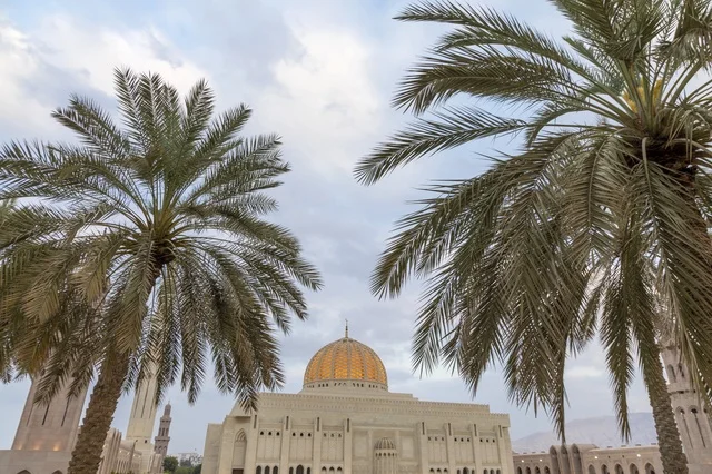 جامع السلطان قابوس الأكبر مع أشجار النخيل في مسقط