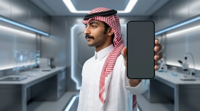رجل سعودي يمسك هاتفاً بشاشة فارغة في مختبر مستقبلي