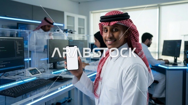 موظف تقنية معلومات سعودي يحمل هاتف بشاشة بيضاء