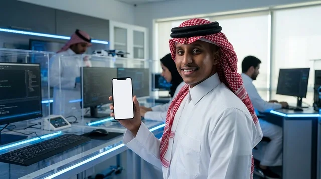 موظف تقنية معلومات سعودي يحمل هاتف بشاشة بيضاء