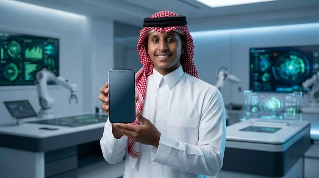 رجل سعودي مبتسم يحمل هاتف ذكي في مختبر تقني مستقبلي