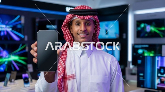 رجل سعودي يحمل هاتف ذكي بشاشة فارغة في متجر إلكترونيات
