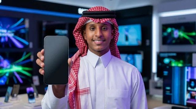 رجل سعودي يحمل هاتف ذكي بشاشة فارغة في متجر إلكترونيات