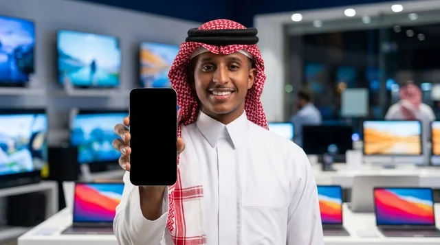 Saudi Man Holding Blank Smartphone in Electronics Store