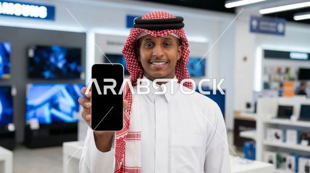 رجل سعودي يحمل هاتف ذكي بشاشة فارغة في متجر