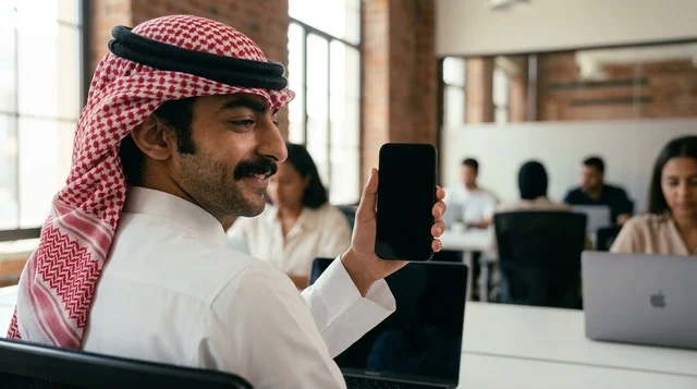 Arab Businessman Showing Smartphone in Modern Office