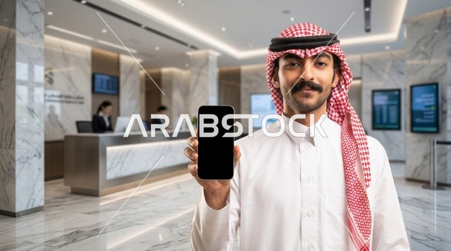 رجل سعودي يحمل هاتف ذكي بشاشة فارغة في ردهة شركة