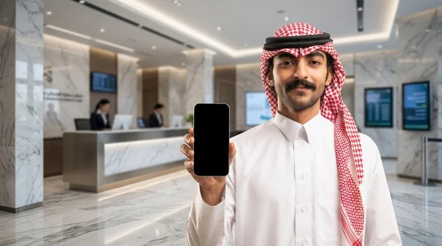رجل سعودي يحمل هاتف ذكي بشاشة فارغة في ردهة شركة