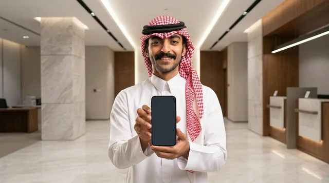 Saudi Man Holding Blank Smartphone in Modern Office