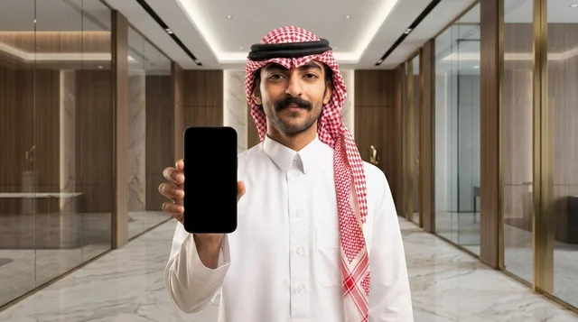 رجل أعمال سعودي يحمل هاتف ذكي بشاشة فارغة في مكتب