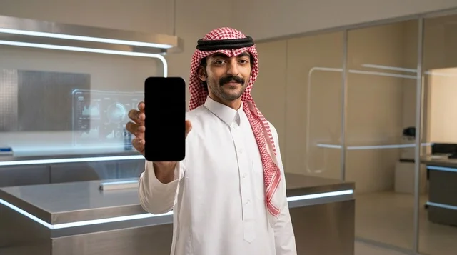 Saudi Man Holding Blank Smartphone in Modern Office