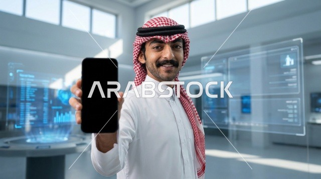 رجل سعودي يعرض شاشة هاتف ذكي فارغة في مكتب رقمي مستقبلي