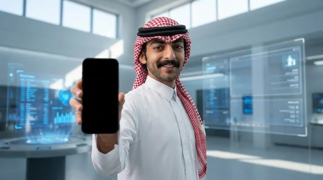 رجل سعودي يعرض شاشة هاتف ذكي فارغة في مكتب رقمي مستقبلي