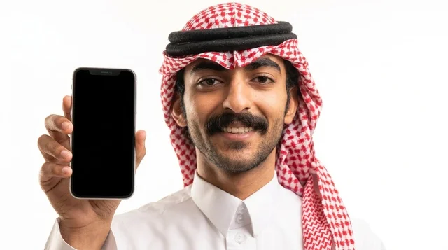 رجل سعودي يرتدي الشماغ يحمل هاتف ذكي بشاشة فارغة