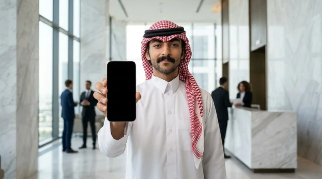 رجل أعمال سعودي يحمل هاتفاً ذكياً في المكتب