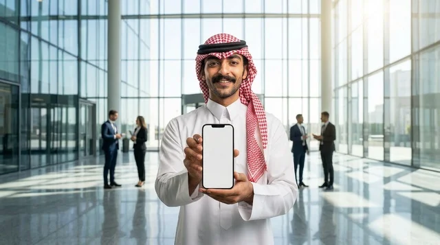 رجل أعمال سعودي يحمل هاتف ذكي بشاشة بيضاء فارغة في مكتب