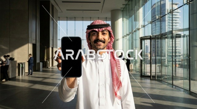 رجل سعودي يحمل هاتف ذكي بشاشة فارغة