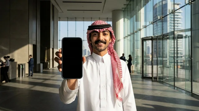 رجل سعودي يحمل هاتف ذكي بشاشة فارغة