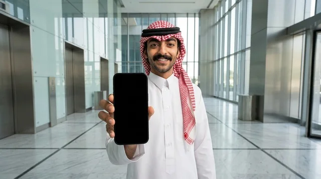 Saudi Businessman Holding Smartphone with Blank Screen