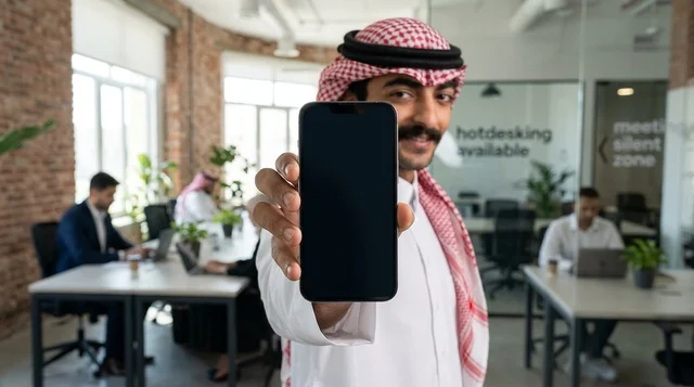 رجل أعمال سعودي يحمل هاتف ذكي في مساحة عمل مشتركة