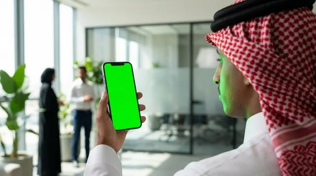 رجل أعمال سعودي يمسك هاتف بشاشة خضراء في المكتب