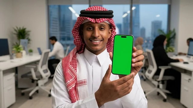 Saudi Businessman Holding Green Screen Phone in Office