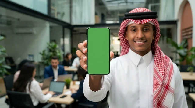 رجل أعمال سعودي يحمل هاتفاً ذكياً بشاشة خضراء في المكتب